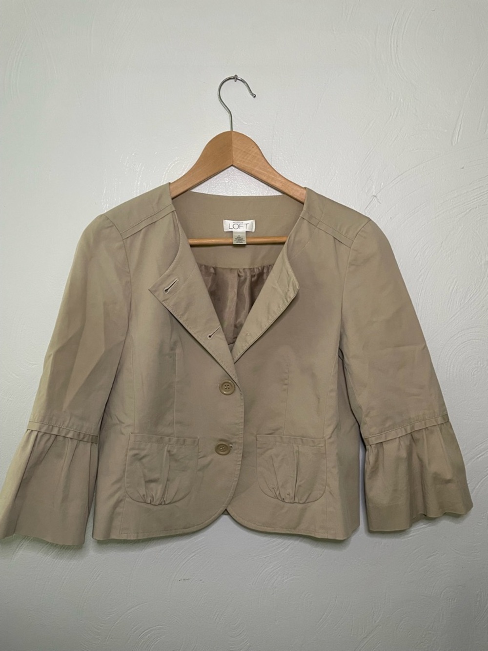 LOFT Taupe Ruffle-Sleeve Cropped Blazer